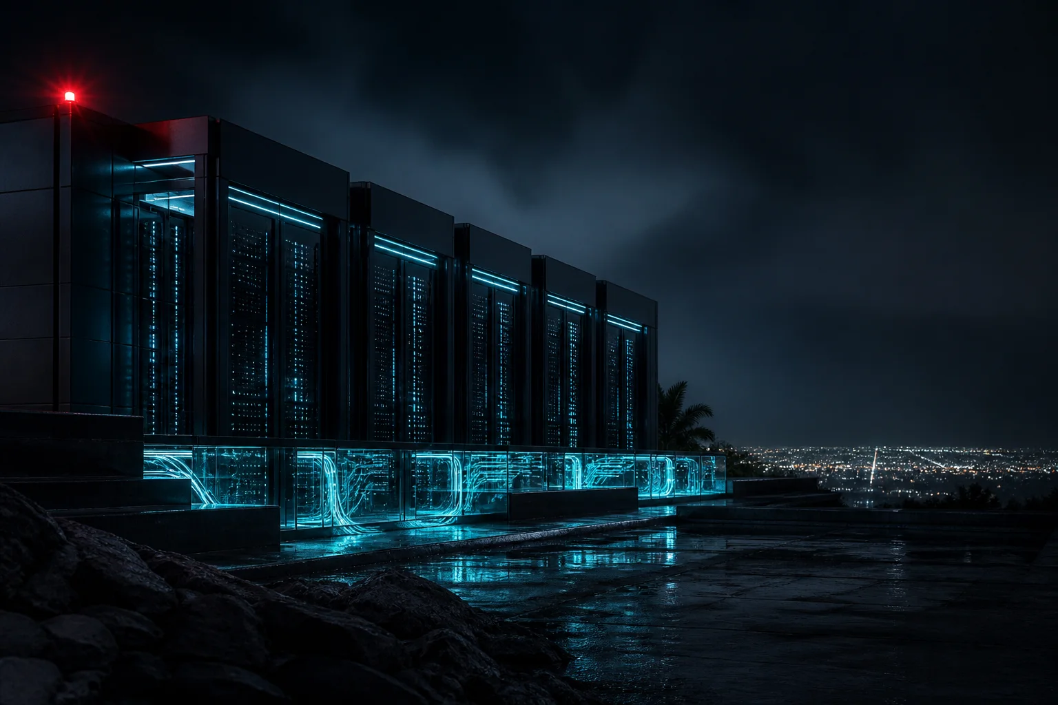 A resilient data facility illuminated by cyan network conduits at night